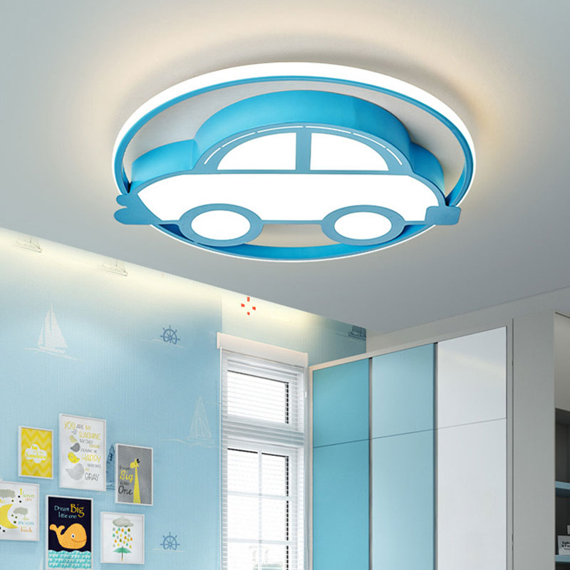 Car Shape Led Cartoon Flush Mount Lamp In Blue With White/Warm Light - Ideal For Bedrooms / Warm