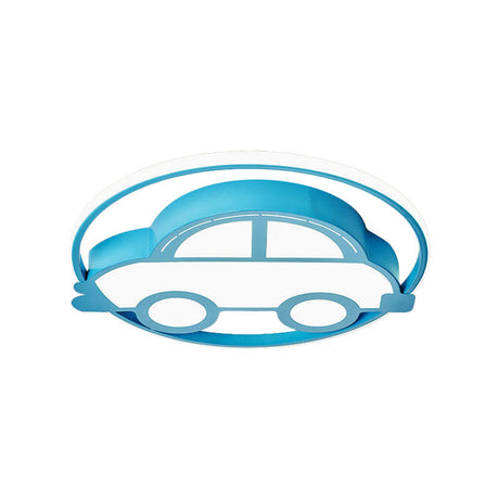 Car Shape Led Cartoon Flush Mount Lamp In Blue With White/Warm Light - Ideal For Bedrooms