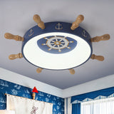 Kids Rudder Shape Led Flush Mount Fixture In Dark Blue And Wood/Blue With White/Warm Light For