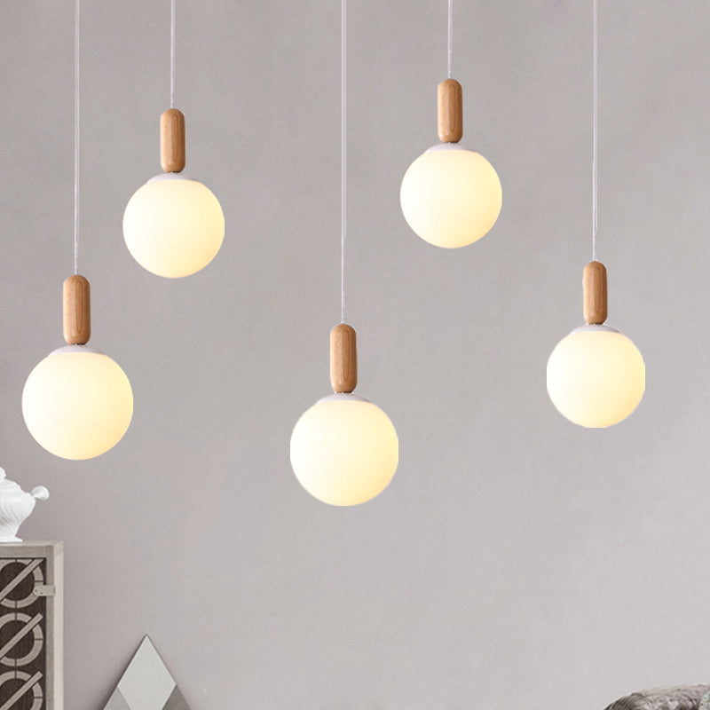 Sleek Sphere Kitchen Pendant Light: White/Cognac Glass Minimalist Design With Wood Grip White