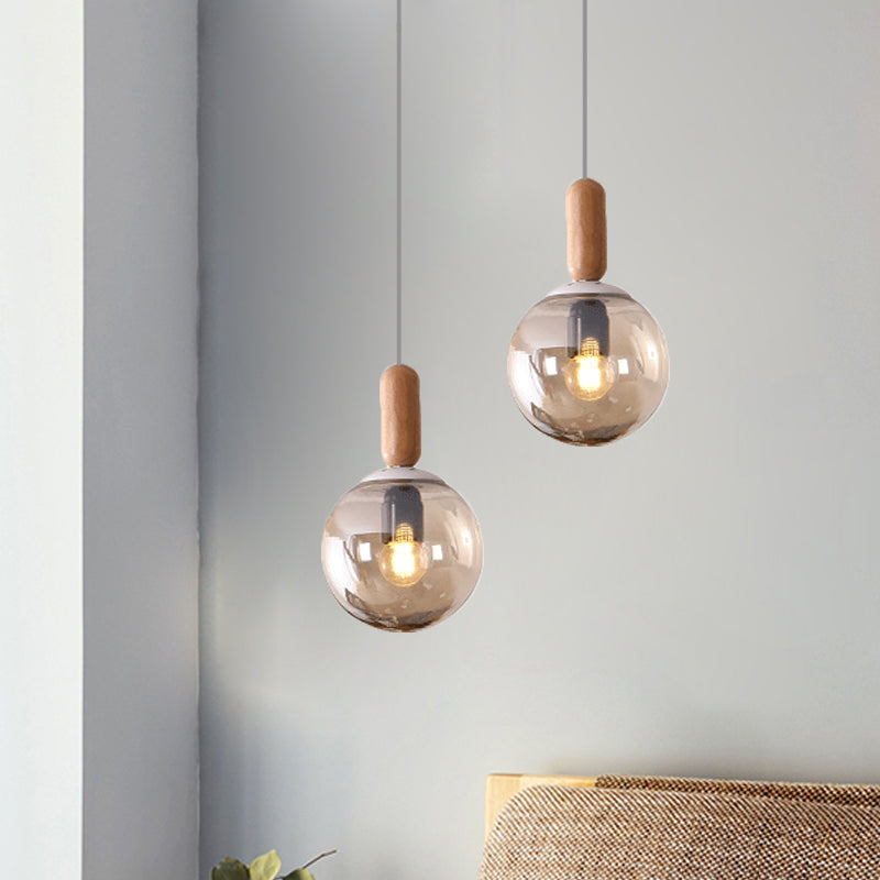 Sleek Sphere Kitchen Pendant Light: White/Cognac Glass Minimalist Design With Wood Grip