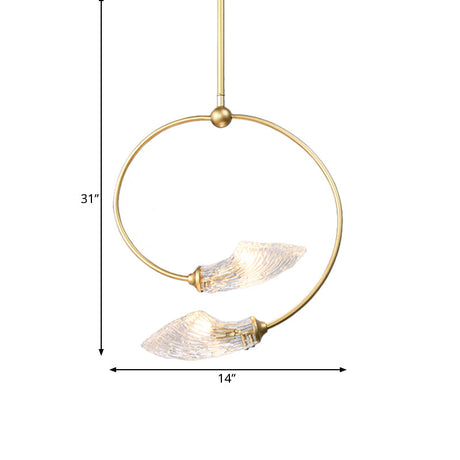 Minimalistic Clear Glass Swirly Flower Chandelier With Gold Finish - 2 Bulbs Hanging Pendant Light