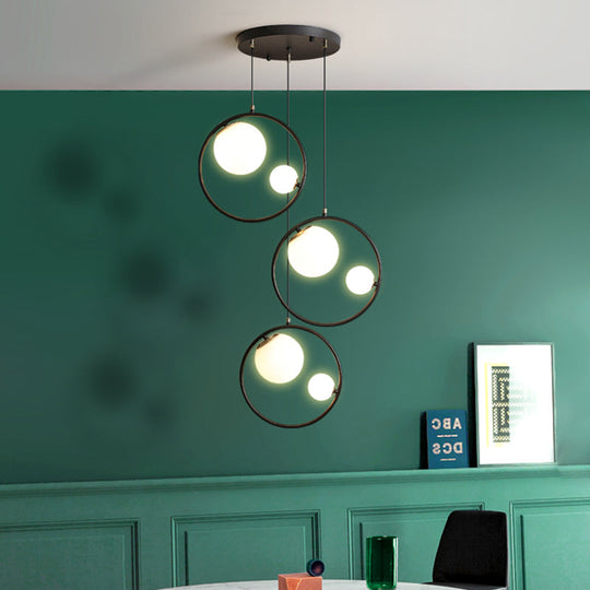 Black Orb Pendant Ceiling Light With Opal Glass Shade And Ring - Modernism 6-Light Multi