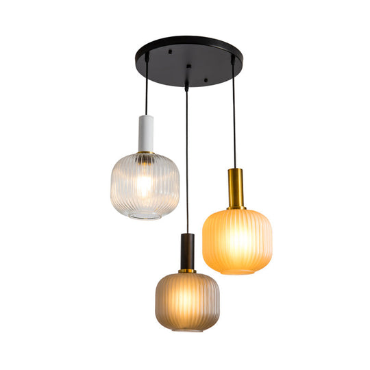 Contemporary Ribbed Glass Cluster Pendant With 3 Gold Lights - Stylish Suspended Lighting