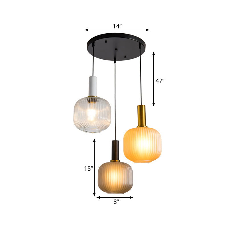Contemporary Ribbed Glass Cluster Pendant With 3 Gold Lights - Stylish Suspended Lighting