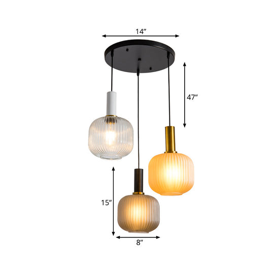 Contemporary Ribbed Glass Cluster Jar Pendant With Gold Suspended Lighting Fixture - 3 Lights