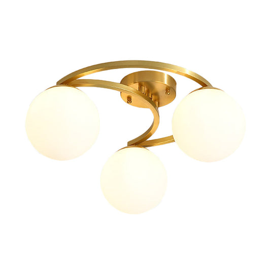 Modern Brass Milk Glass Flush Light With Crescent Canopy - 3/6 Head Close To Ceiling Lamp