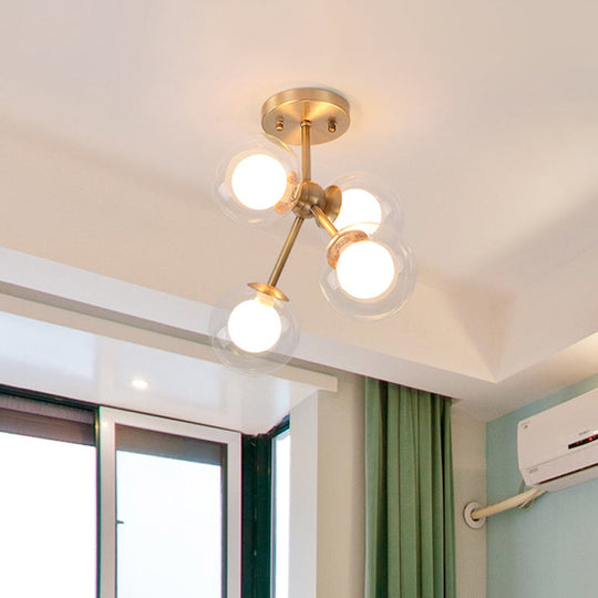 Postmodern Glass Ceiling Light Fixture: Brass 4 - Light Semi - Flush Mount For Bedrooms