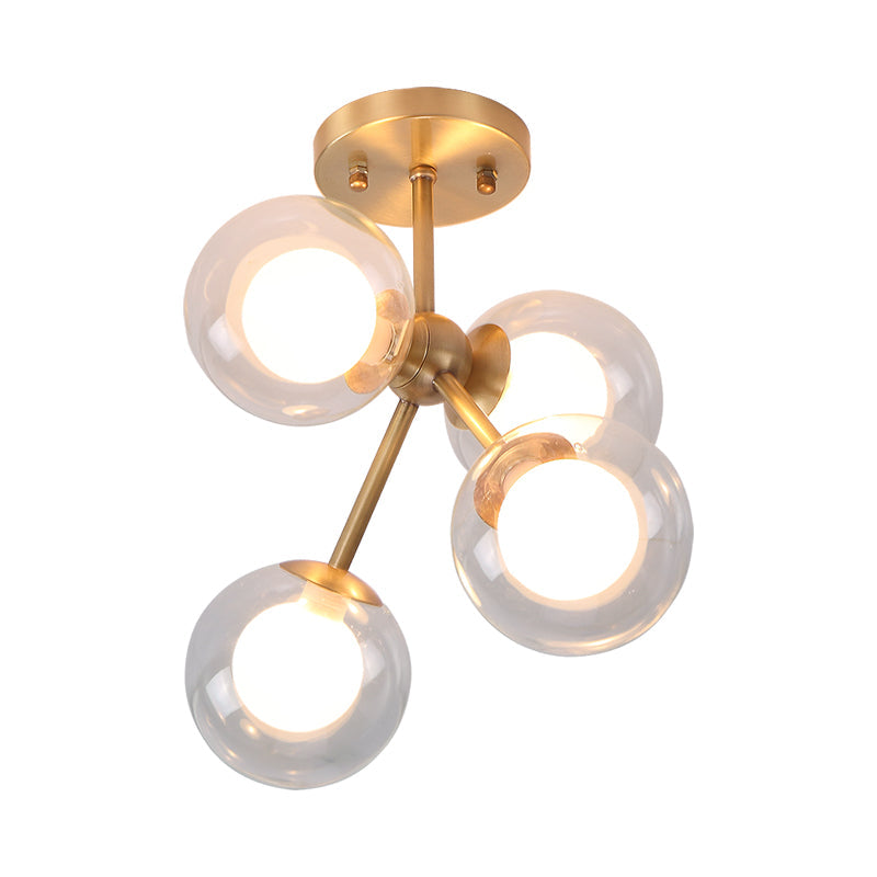 Postmodern Glass Ceiling Light Fixture: Brass 4 - Light Semi - Flush Mount For Bedrooms
