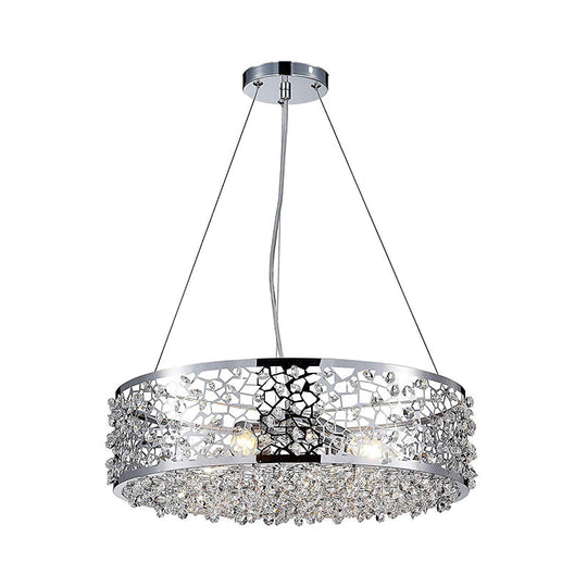 Modern Crystal Encrusted Pendant Chandelier With Drum Shade - 4 Lights Chrome Finish