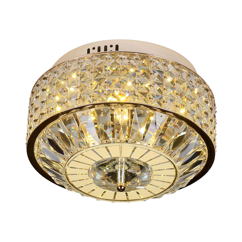 12’/16’ Wide Led Crystal Flush Light Fixture In Gold For Modern Bedroom Ceiling Mount