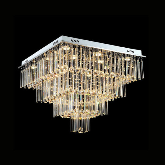Simple Style Crystal Ceiling Mount Light - 12 Bulbs Flushmount Lighting Tiered Square Flute Design