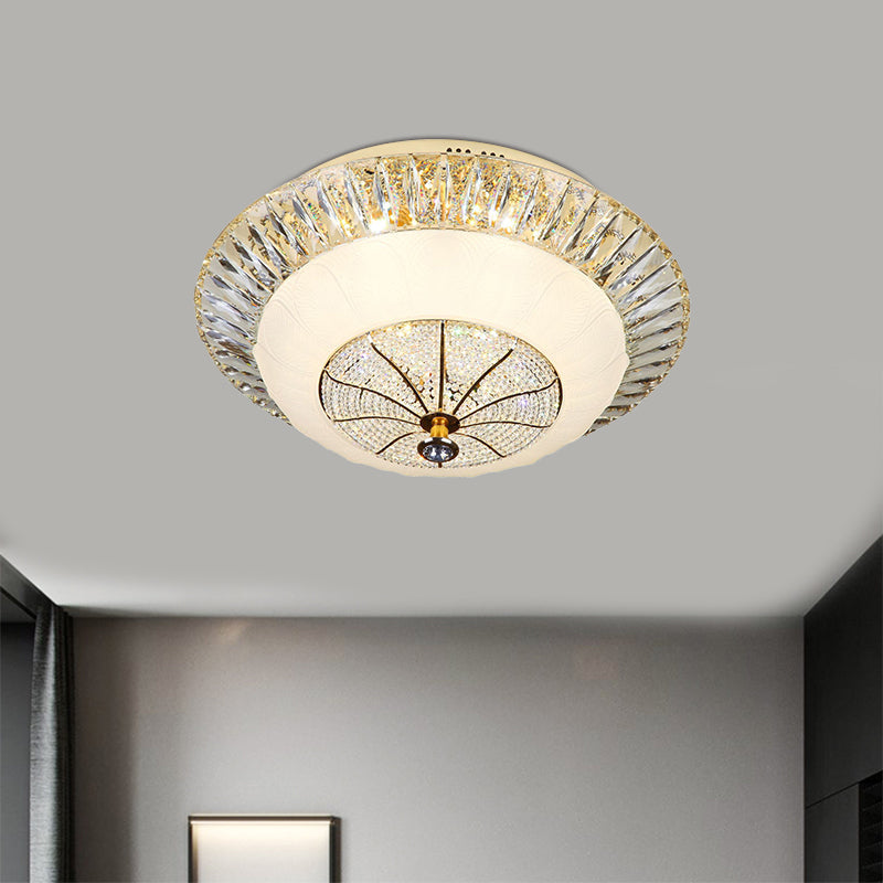 Contemporary Crystal Ceiling Light With White Bowl Shade - Led Flush Mount For Bedroom