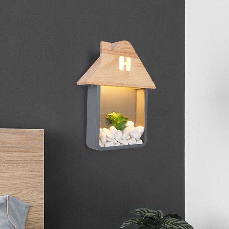 Nordic Wooden Led Wall Sconce Light With Storage Shelf - Grey/White/Green