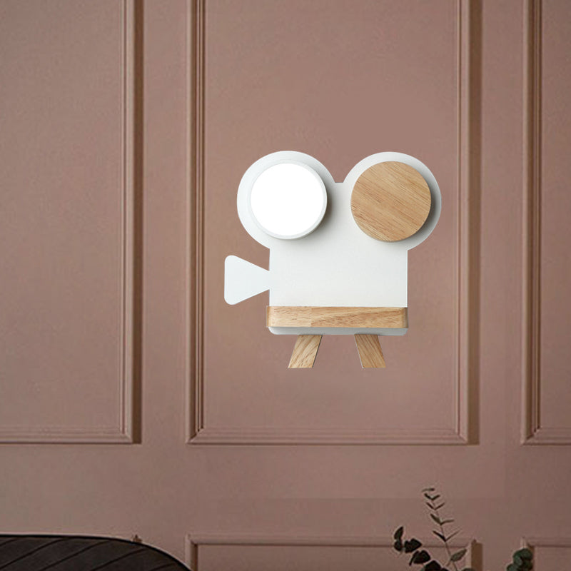 Nordic Iron Grey/White-Wood Led Wall Sconce With Rack - Shooting Camera