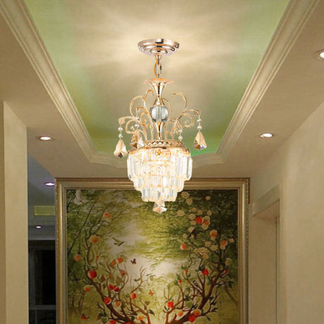 Vintage 4-Head Crystal Chandelier With Brass Swirl Arm - Corridor Pendant Lighting