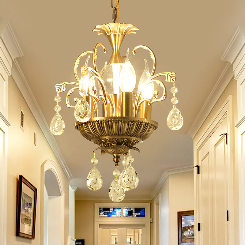 Vintage Crystal Chandelier Light Fixture With Swirl Arm - Brass 4 Heads For Corridors / B