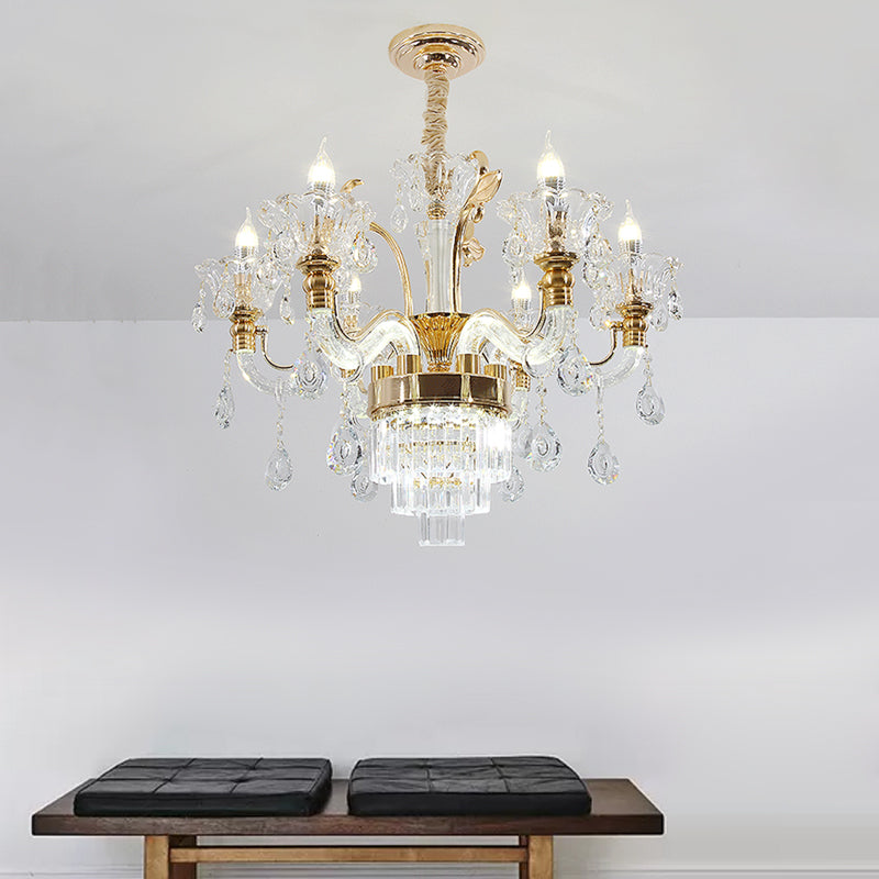 Traditional 6-Light Candelabra Chandelier In Gold With Clear Glass And Crystal Accent - Dining Room