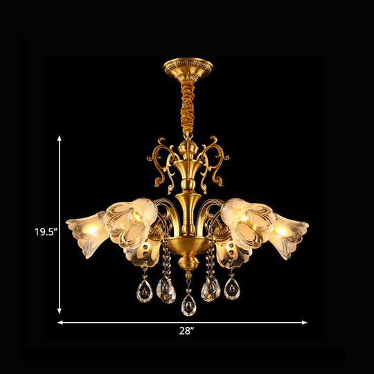 Retro Clear Glass Flower Pendant Chandelier - 6 Light Brass Hanging Lamp With Crystal Drape For