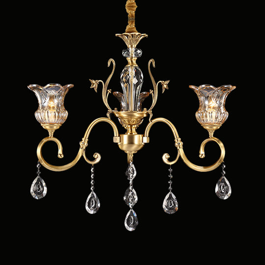 Vintage Brass Bellflower Hanging Chandelier With Clear Glass 3 Bulbs Scroll Arm And Crystal Drops
