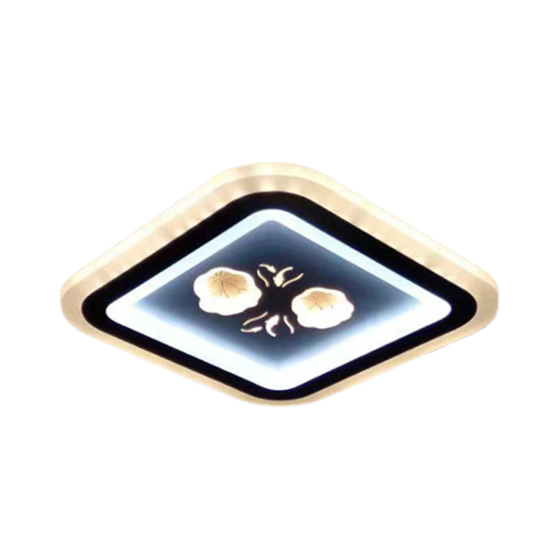 Modern Led Flush Mount Fixture: Black Square/Round Acrylic Lamp With Flower Pattern - Ideal For