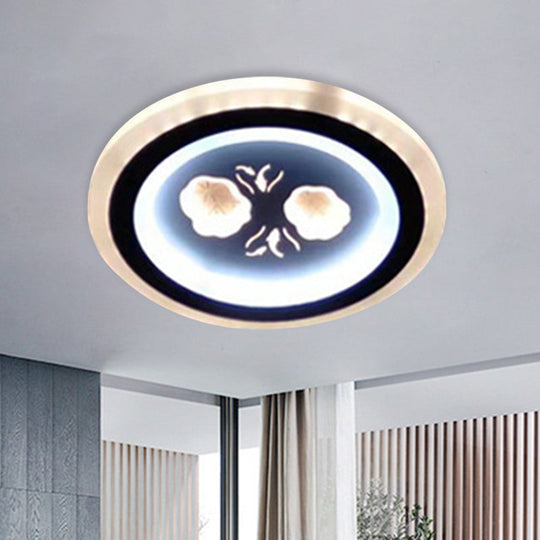 Modern Led Flush Mount Fixture: Black Square/Round Acrylic Lamp With Flower Pattern - Ideal For