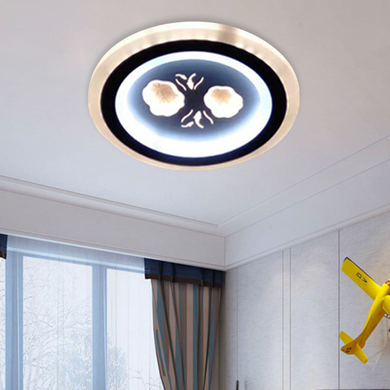 Modern Led Flush Mount Fixture: Black Square/Round Acrylic Lamp With Flower Pattern - Ideal For
