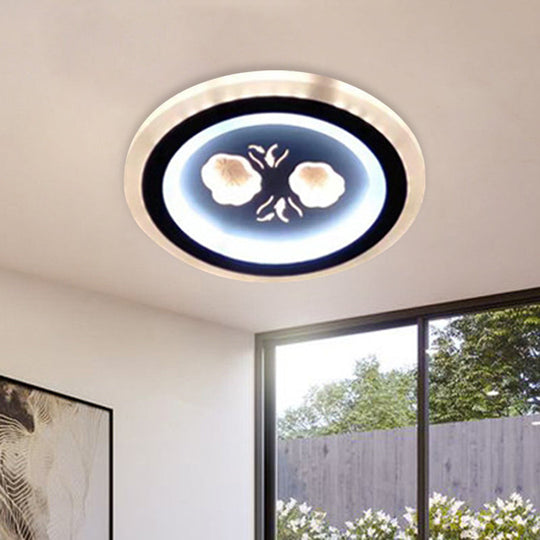 Modern Led Flush Mount Fixture: Black Square/Round Acrylic Lamp With Flower Pattern - Ideal For