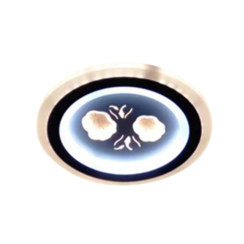 Modern Led Flush Mount Fixture: Black Square/Round Acrylic Lamp With Flower Pattern - Ideal For