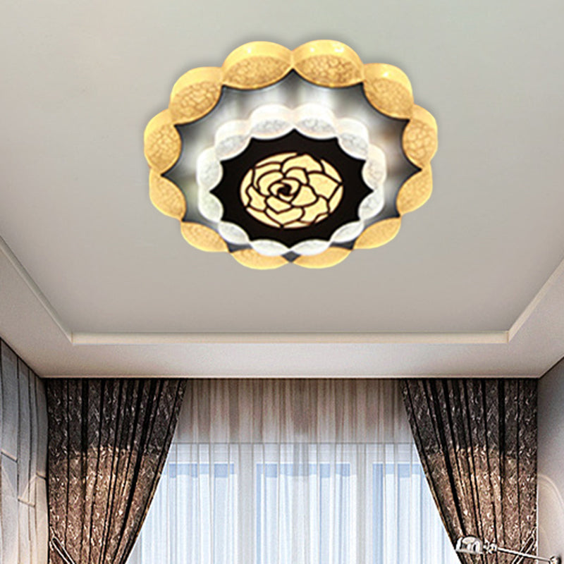 Contemporary Floral Flush Mount Led Lamp With Acrylic White-Black Finish And Rose Pattern White