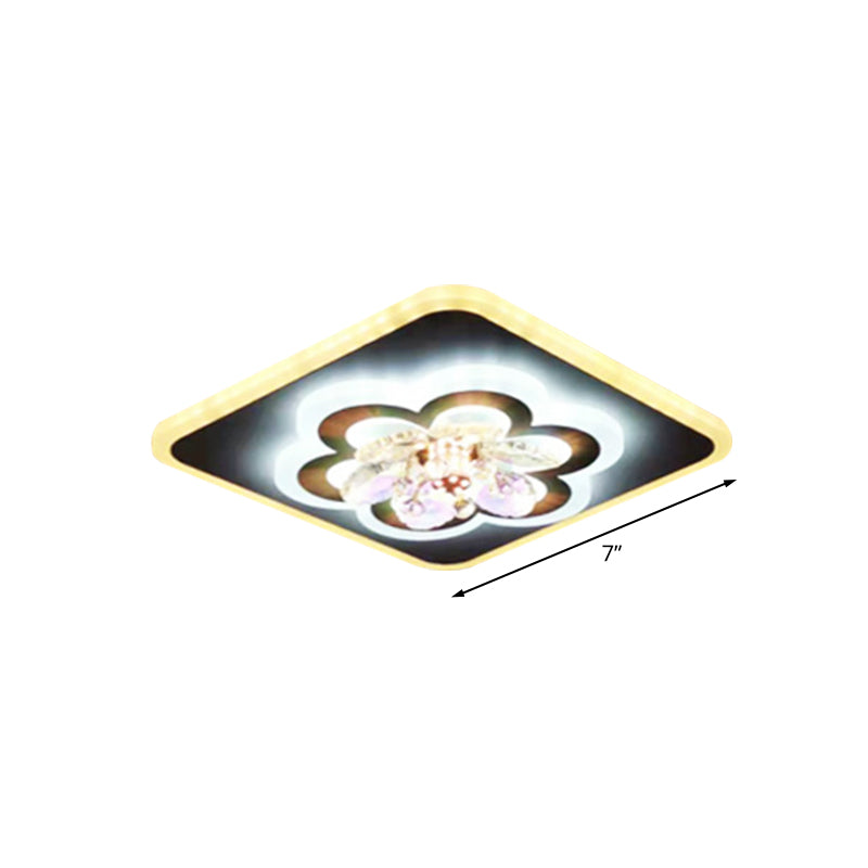 Modern White Led Flush Light With Crystal Accent - Contemporary Floral Design