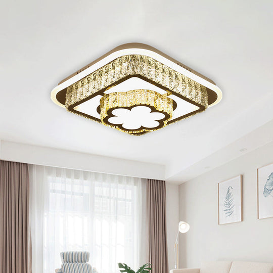 Crystal-Encrusted Led Flushmount Ceiling Light For Bedroom - Modernist White Square And