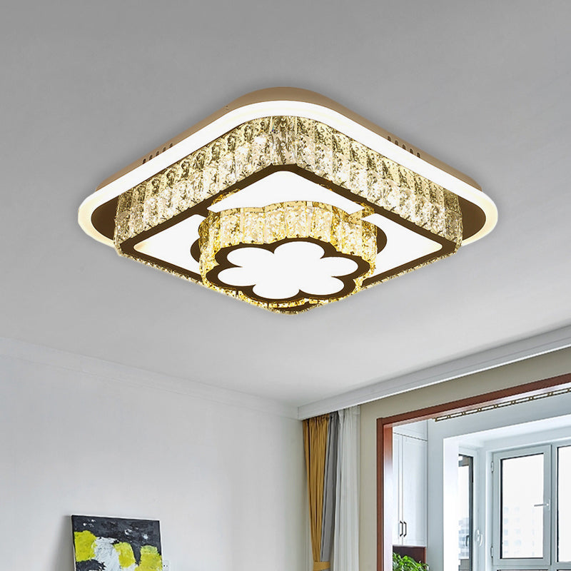 Crystal - Encrusted Led Flushmount Ceiling Light For Bedroom - Modernist White Square And