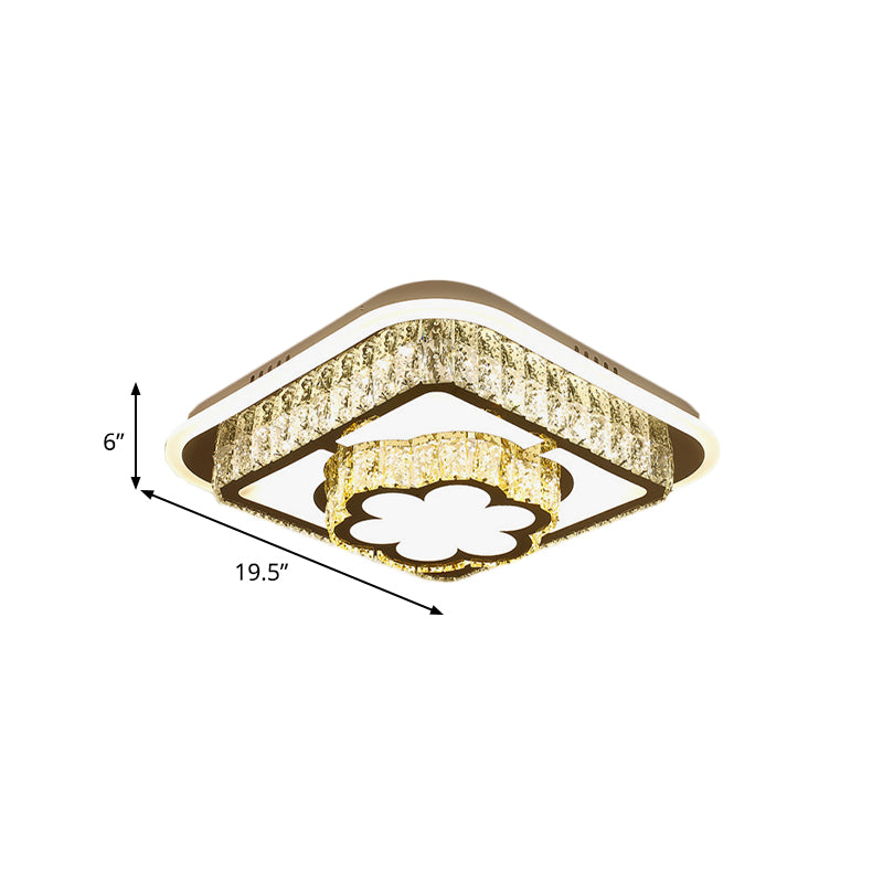 Crystal - Encrusted Led Flushmount Ceiling Light For Bedroom - Modernist White Square And