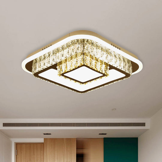 Crystal - Encrusted Led Flushmount Ceiling Light For Bedroom - Modernist White Square And