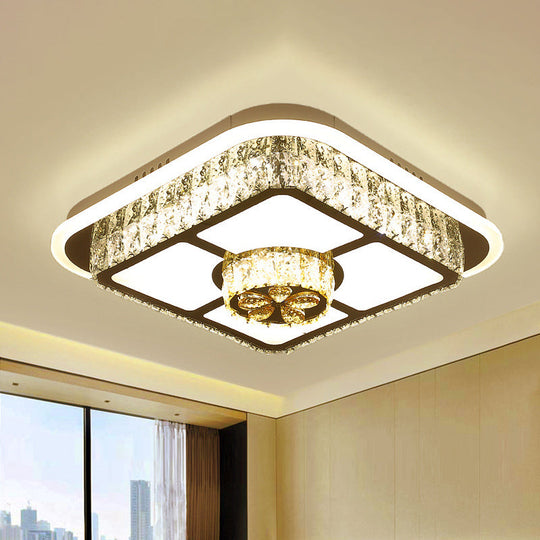 Crystal-Encrusted Led Flushmount Ceiling Light For Bedroom - Modernist White Square And