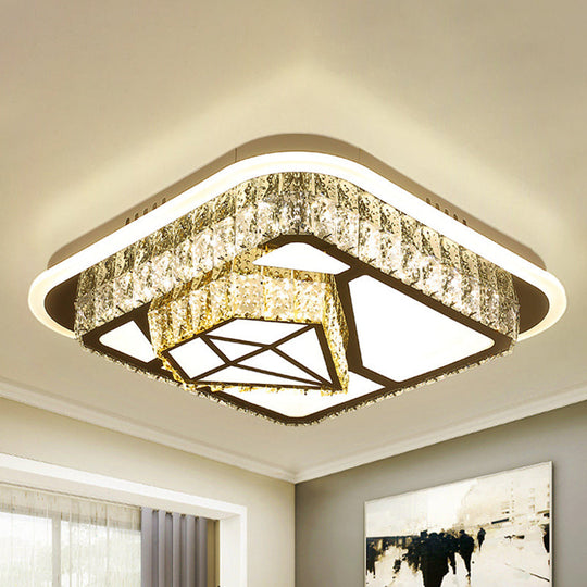 Crystal-Encrusted Led Flushmount Ceiling Light For Bedroom - Modernist White Square And
