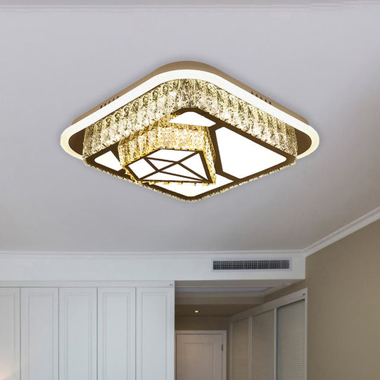 Crystal - Encrusted Led Flushmount Ceiling Light For Bedroom - Modernist White Square And
