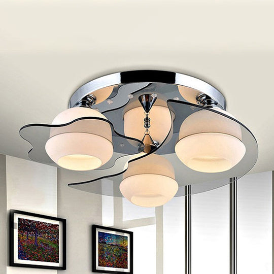 Modern Chrome Floral Flushmount Ceiling Light With Crystal Ball Drop - White Glass 3/5-Head Ideal