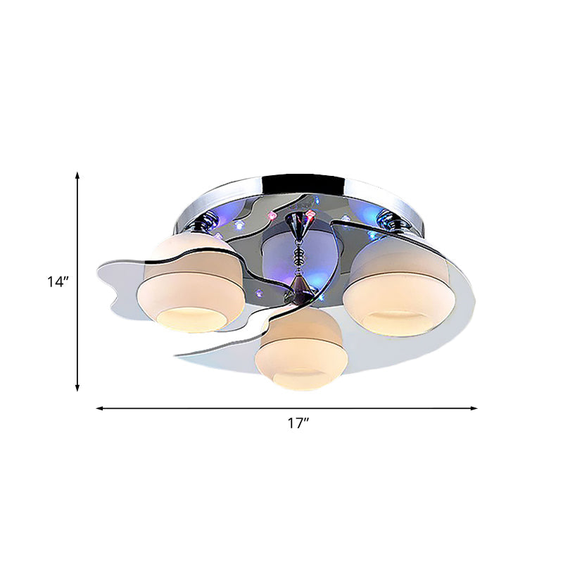 Modern Chrome Floral Flushmount Ceiling Light With Crystal Ball Drop - White Glass 3/5-Head Ideal