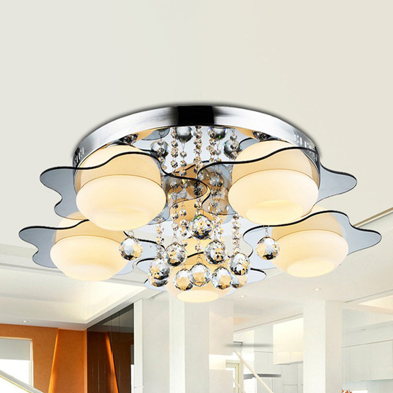 Modern Chrome Floral Flushmount Ceiling Light With Crystal Ball Drop - White Glass 3/5-Head Ideal