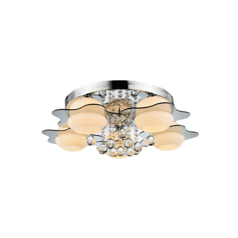 Modern Chrome Floral Flushmount Ceiling Light With Crystal Ball Drop - White Glass 3/5-Head Ideal