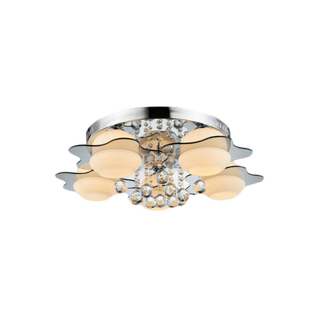 Modern Chrome Floral Flushmount Ceiling Light With Crystal Ball Drop - White Glass 3/5-Head Ideal