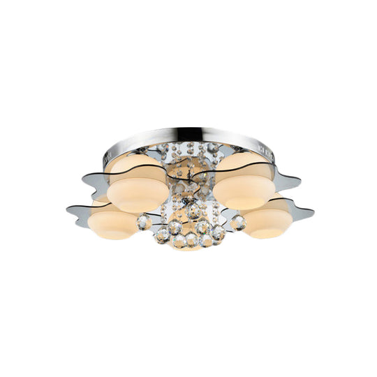 Modern Chrome Floral Flushmount Ceiling Light With Crystal Ball Drop - White Glass 3/5-Head Ideal