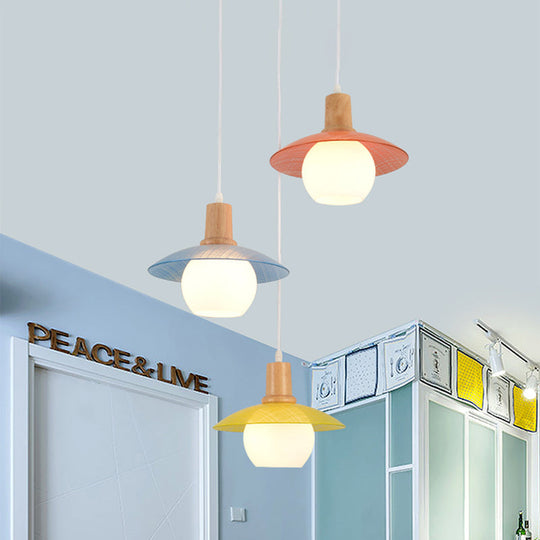 Macaron Disk Multi Pendant Light: Blue-Pink-Yellow Stained Glass 3-Bulb Drop Lamp With Wood Top