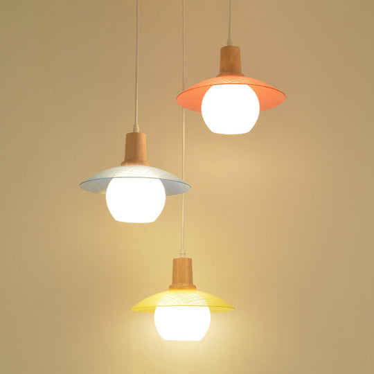 Modern Macaron Disk Pendant Light With Blue-Pink-Yellow Glass - 3 Bulb Dining Room Drop Lamp