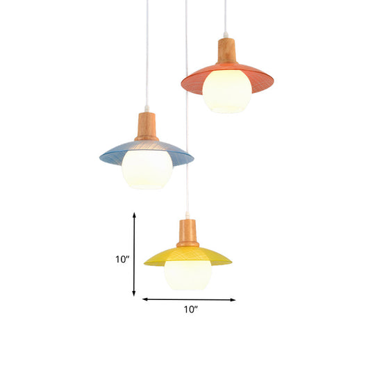 Macaron Disk Multi Pendant Light: Blue-Pink-Yellow Stained Glass 3-Bulb Drop Lamp With Wood Top