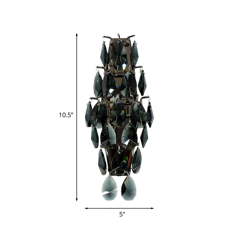Retro Black Crystal Gem Wall Sconce With 2-Bulb Fixture For Living Room Lighting