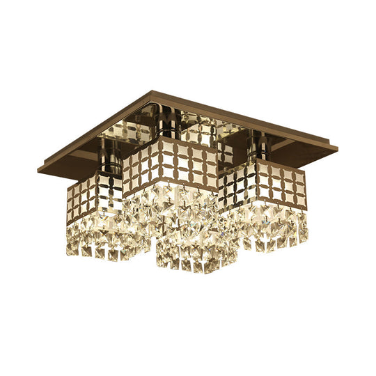 Contemporary Crystal Ceiling Fixture: Silver Square Semi - Flush Mount With 8 Clear Heads