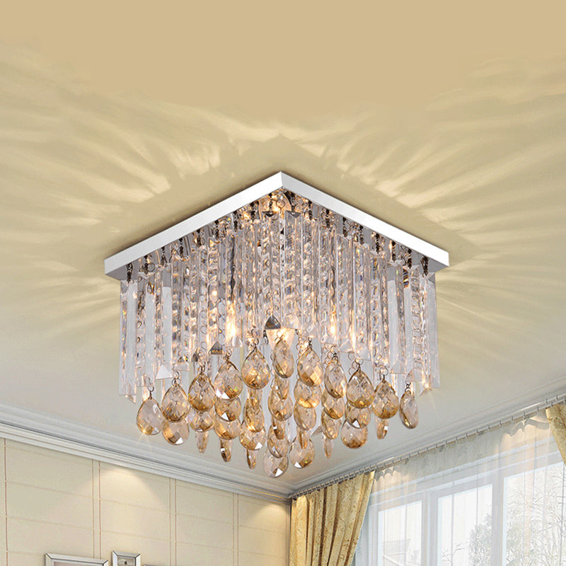 Modern Chrome Crystal Drop Bedroom Ceiling Light - Square Mount 8’/12’ Wide / 12’